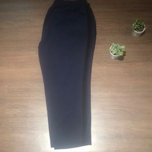 Navy pants with a black stripe